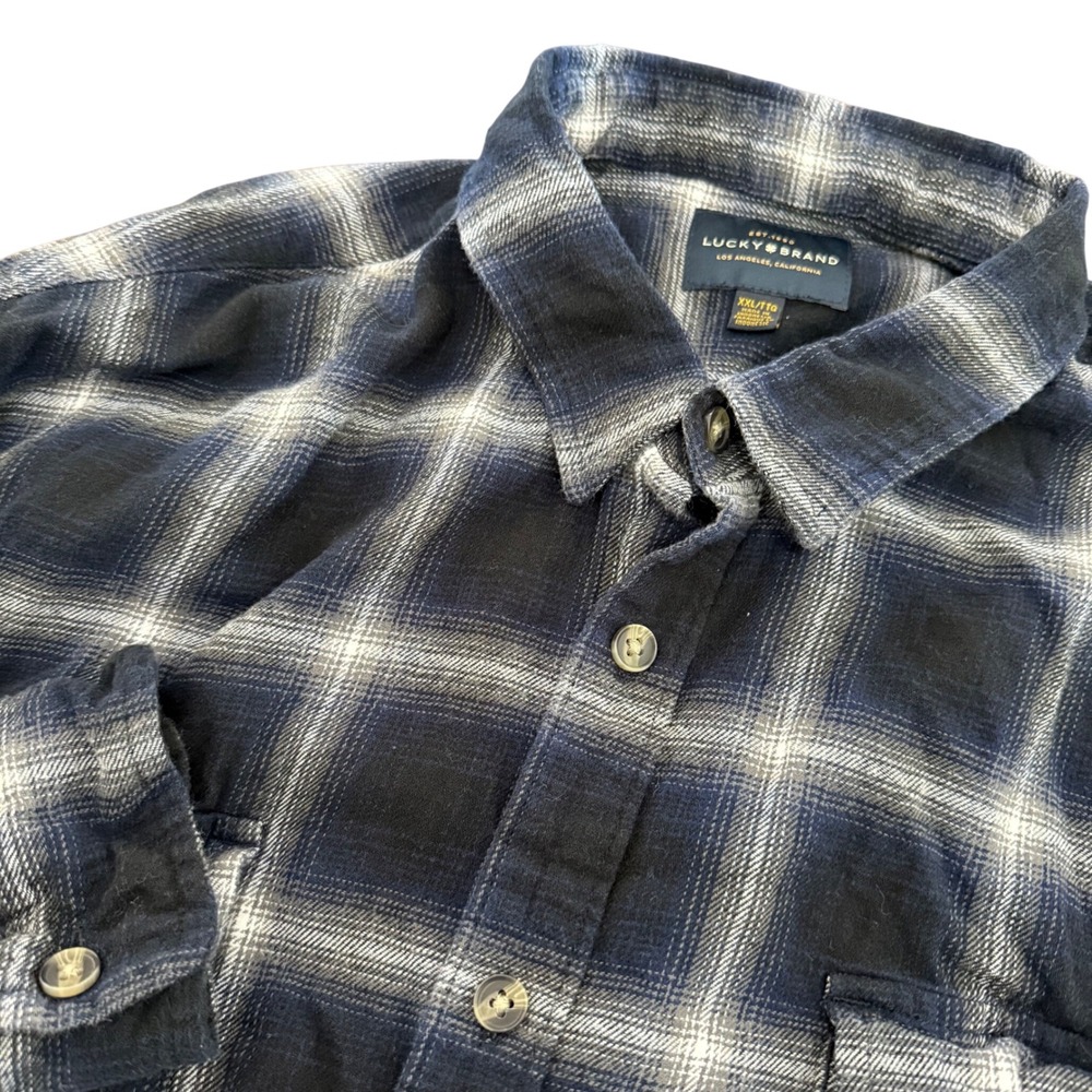 Lucky Brand Mens XXL Navy Blue White Plaid Flannel Button Down Shirt 7MS4003